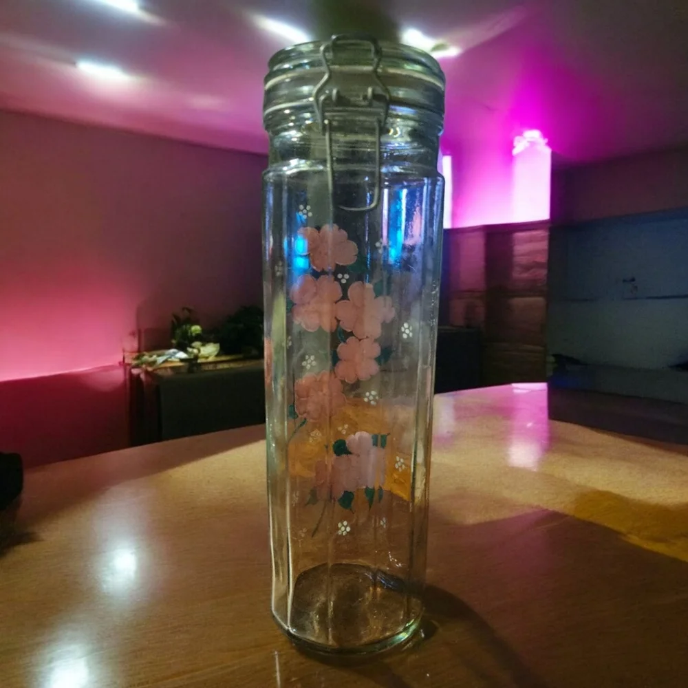 Vtg Sealing Clear Glass Pink Flower 🌸  Hand Painted Apothecary Canister